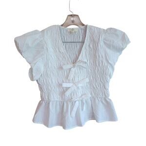 Entro White Textured Tie Front Blouse Size L Ruffle Puff Sleeve Coquette Cottage
